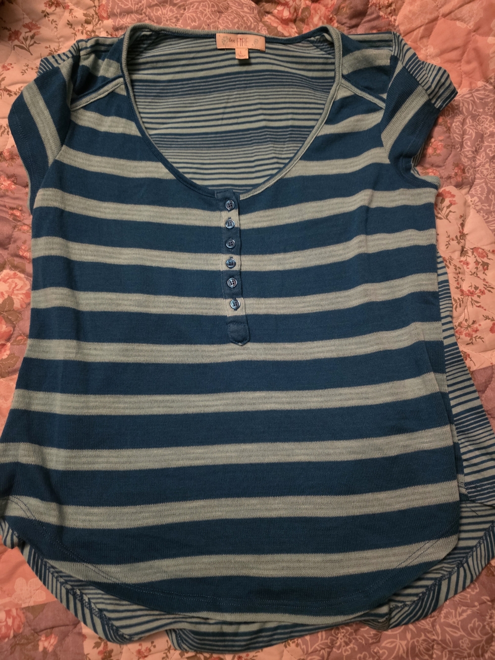 love, Fire Blue and Light Blue Striped Short Sleeve Henley